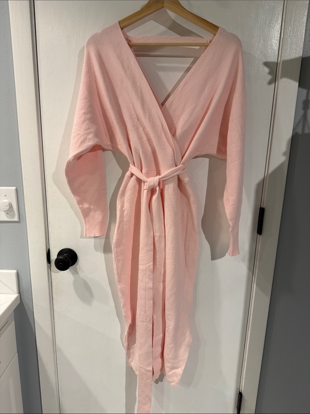 Light Pink Wrap Knit Sweater Dress with Belt